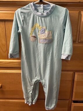 Trotter Street Boy's Long Sleeve Striped Romper with Front End Loader Appliqué